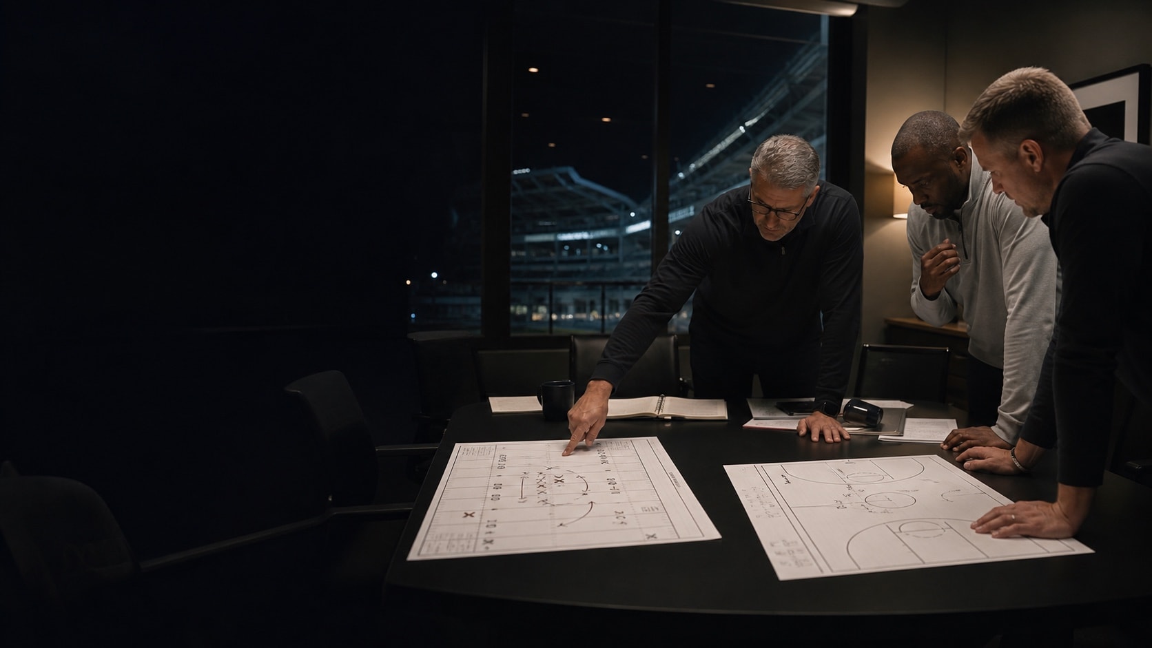Sports strategists reviewing separate football and basketball plans in an operations room