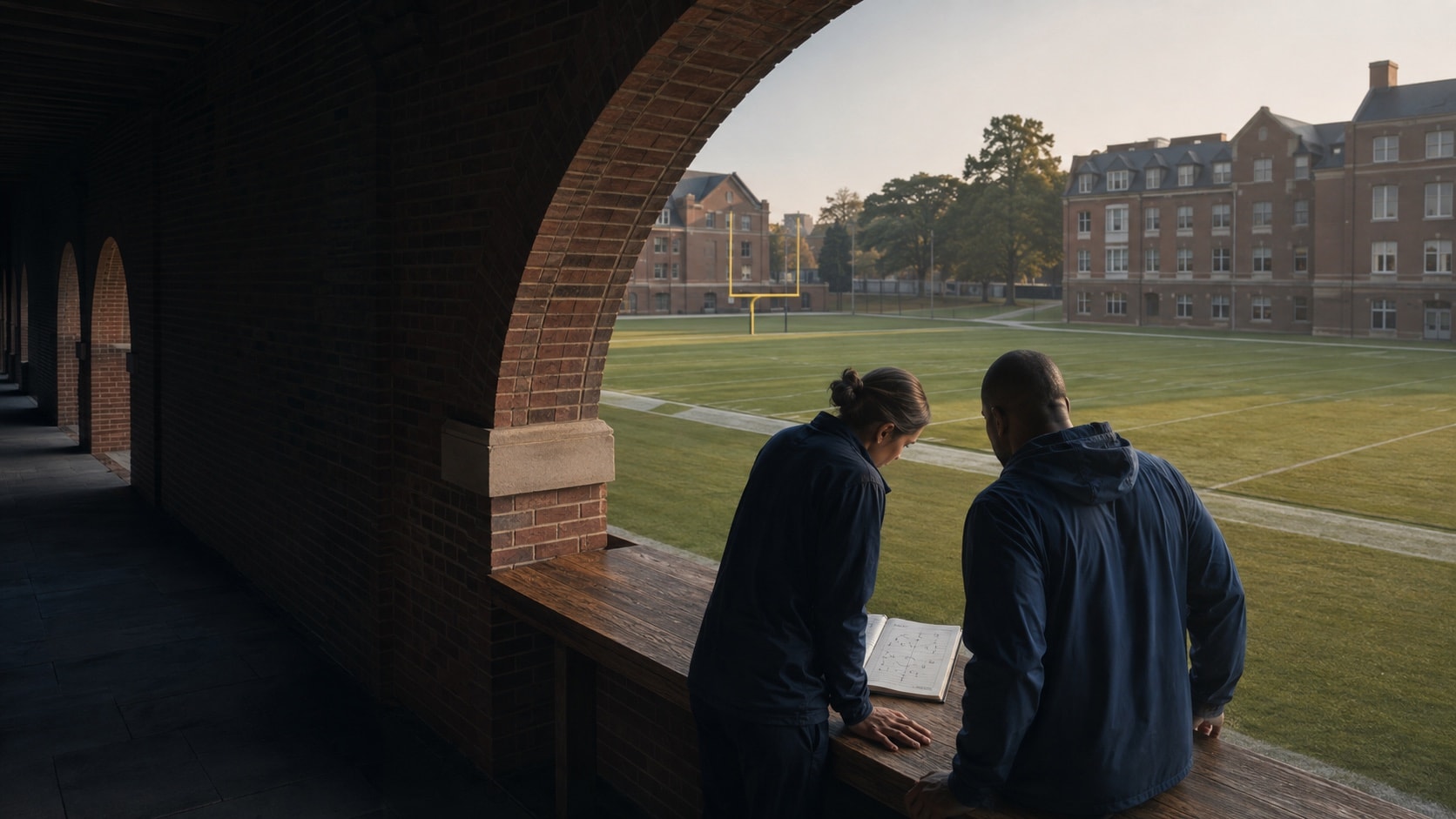 Coaching staff reviewing a playbook inside a brick fieldhouse overlooking a football field